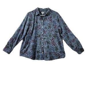 J. Jill Shirt Womens Large Button Up Floral Blue Top Cotton Lightweight W/Flaws
